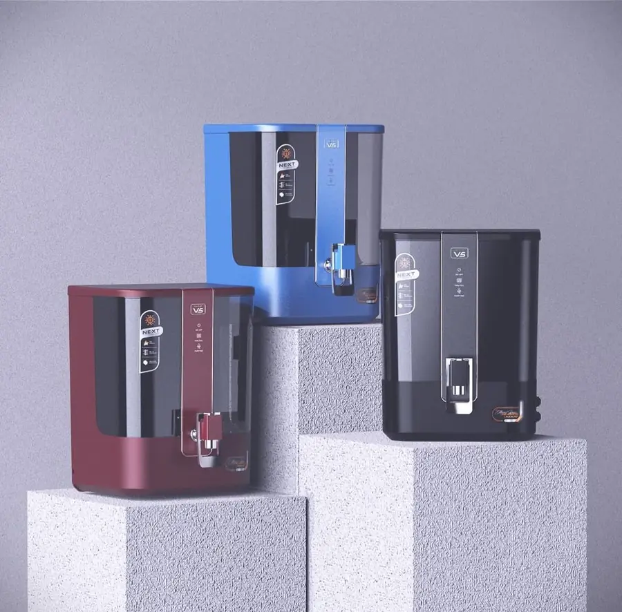 Three AquaV5 RO water purifiers in maroon, blue and black